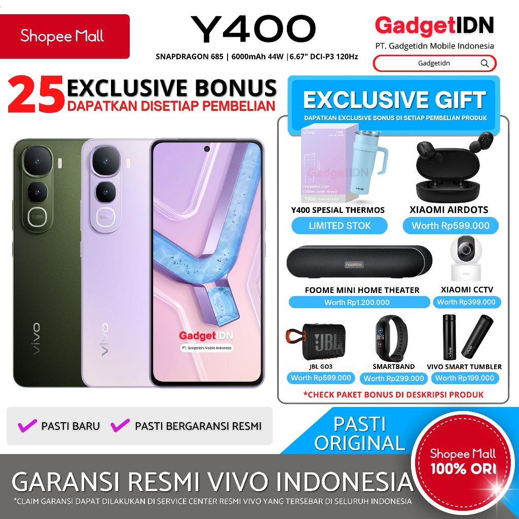 VIVO Y400 8/256GB (+8GB Extended RAM) Garansi Resmi Vivo Indonesia