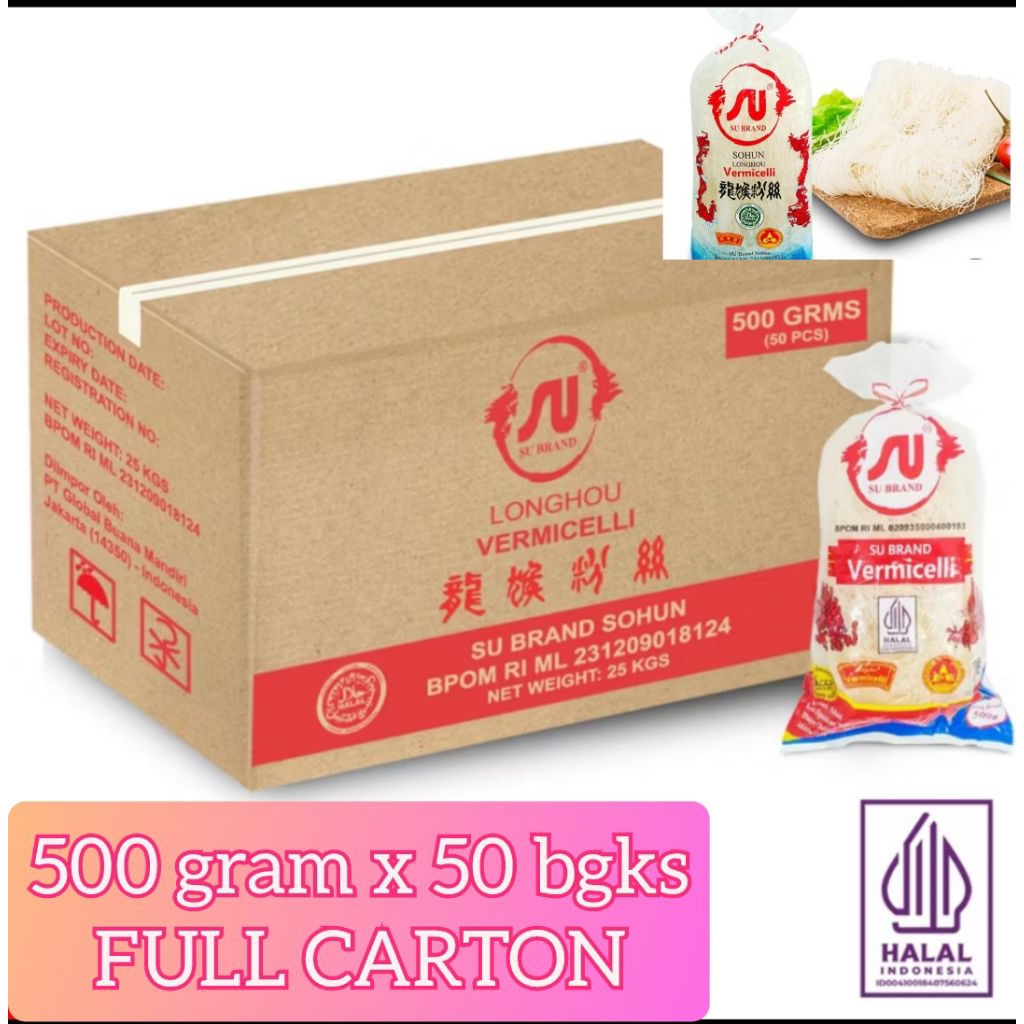 

1 dus 500 gram x 50 bgks. Soun / sohun cap naga su brand longhu vermicelli label halal