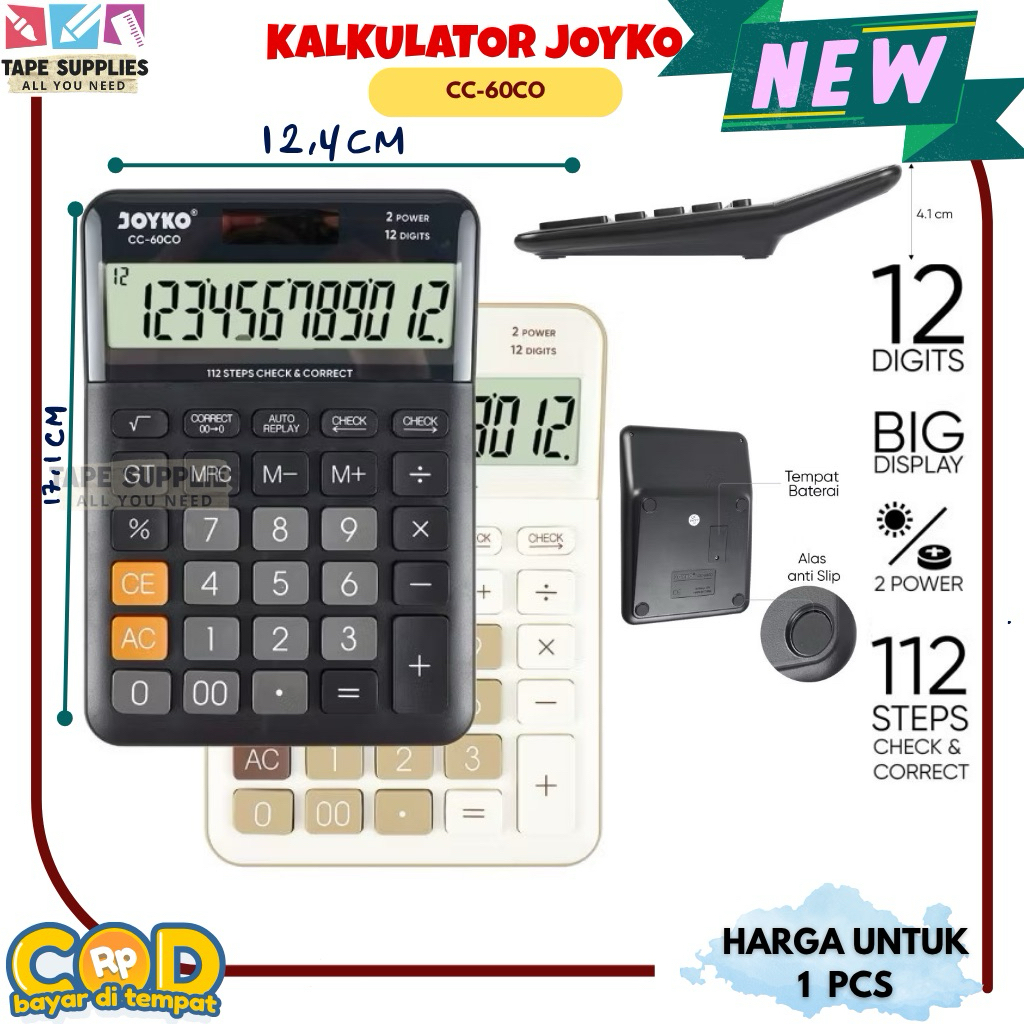 

KALKULATOR JOYKO (CC-60CO) - Teknologi HEMAT BATERAI Calculator For Business 12 Digits Check & Correct