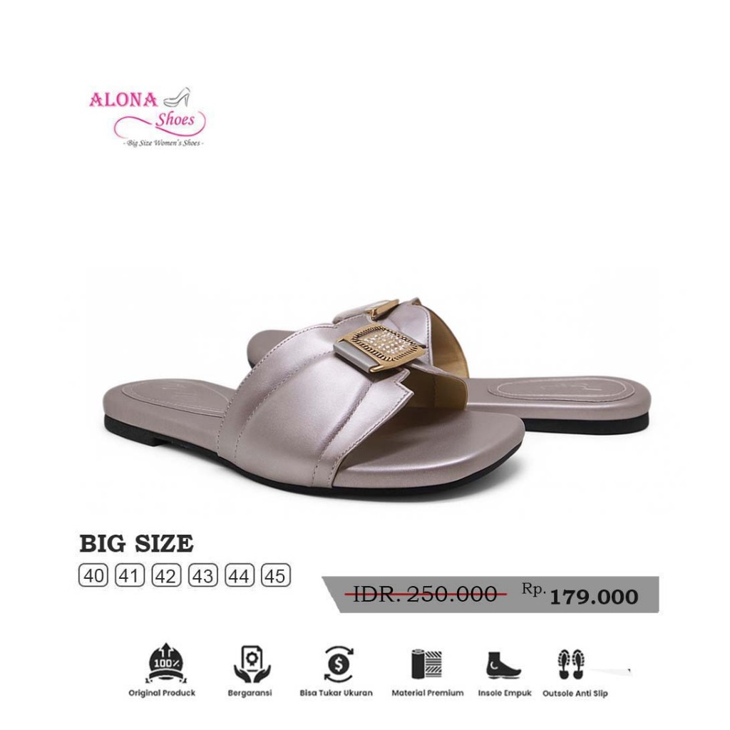 Alona Shoes - Lolita Grey | Sandal Flat Wanita Ukuran Jumbo Big Size 41 42 43 44 45