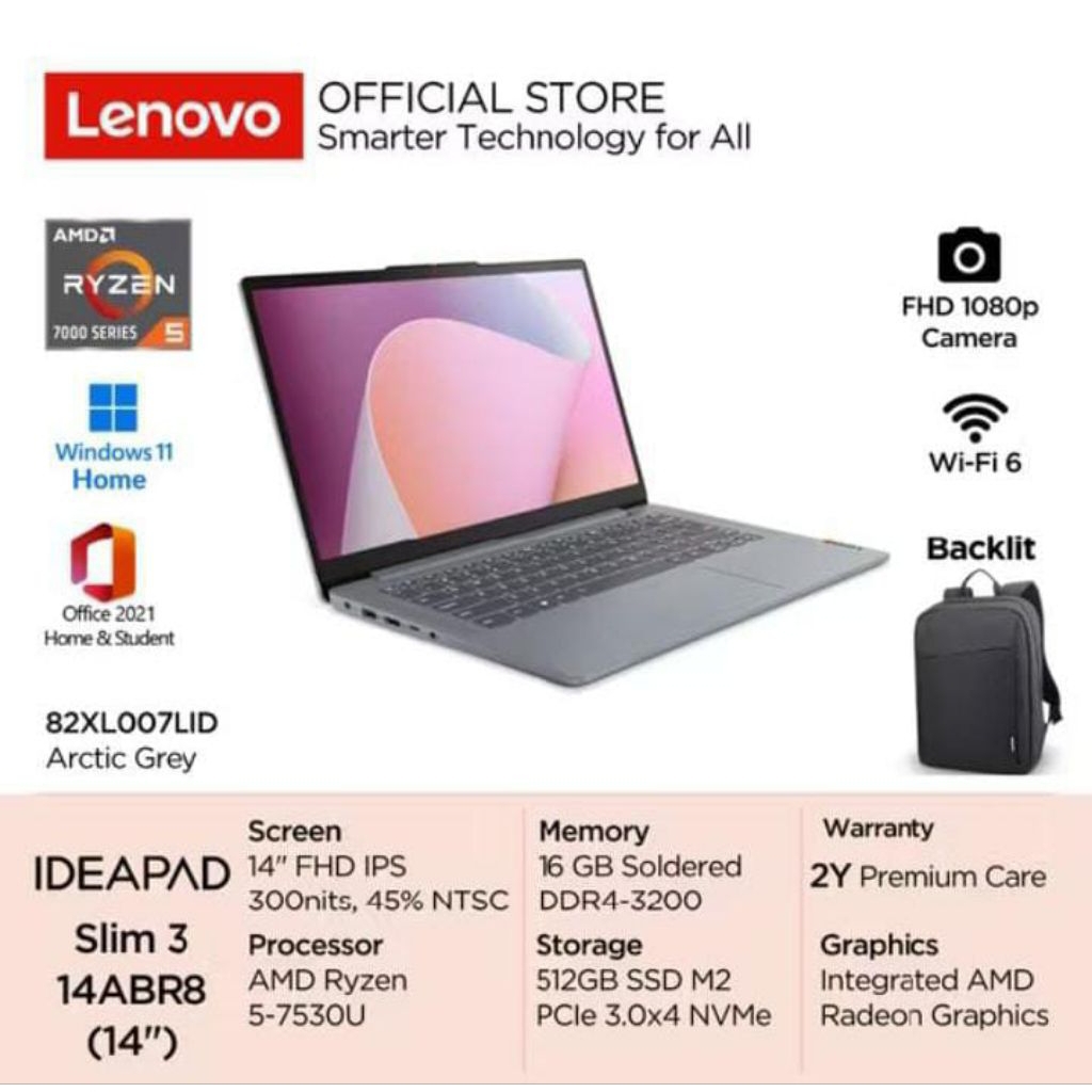Lenovo IdeaPad Slim 3 14ABR8 AMD Ryzen 5 7530U Win11 16GB Soldered 512GB SSD 14" FHD IPS 300nits 45%