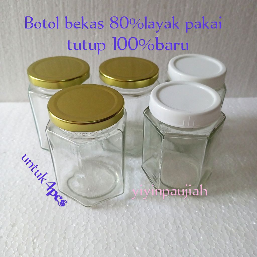 Botol Hexagonal paket 4pcs tutup plastik 250ml/botol kaca/toples jar/wadah serbaguna/botol madu