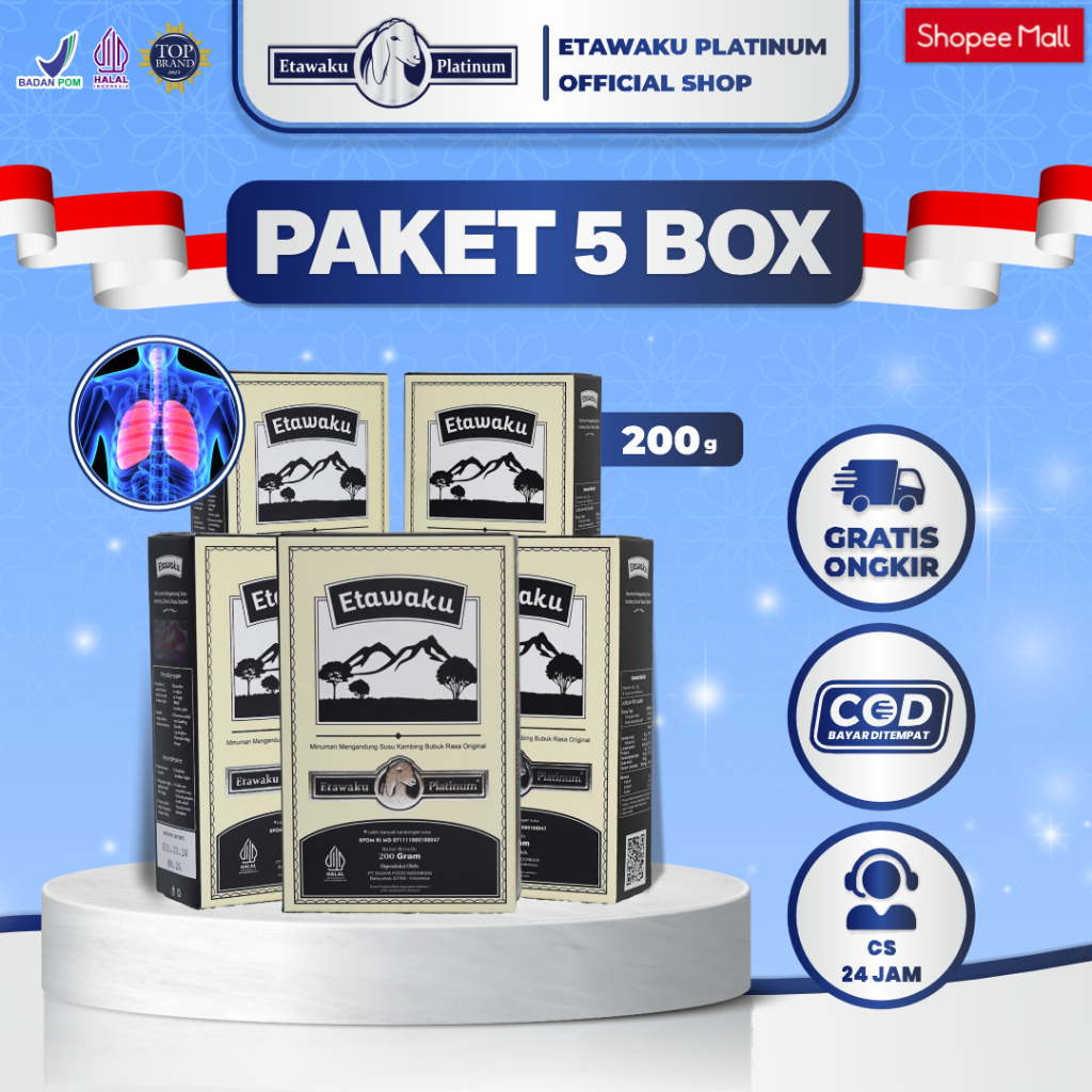 

Etawaku Platinum Paket 5 Box - Susu Kambing Etawa Murni + Krimer Bubuk yang Berkhasiat Tinggi Memiliki Kandungan Protein dan Vitamin Kompleks yang lengkap , melancarkan pencernaan serta Dapat Mengatasi Nyeri Persendian