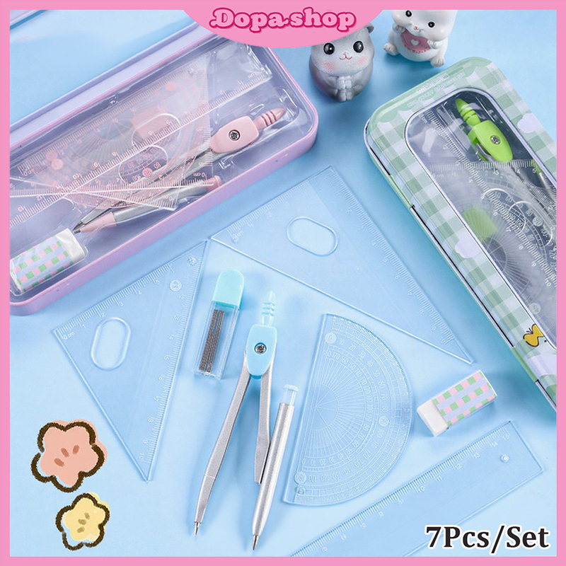 

【READY】7PCS Sanrio Compass Rulers Protractors Stencils Set Kompas Matematika + Kotak Pensil Logam