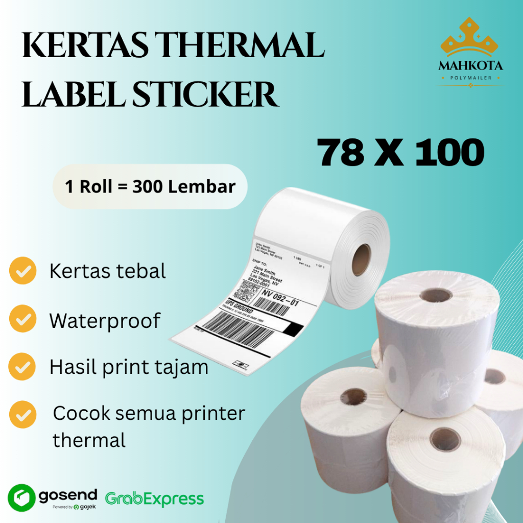 

Kertas Thermal Label Sticker Resi 78 x100 x 300 roll (1 DUS ISI 36) Tinggal Tempel Anti Air Cetak Jelas 1 Roll 300 lembar Direct Thermal Tanpa Tinta