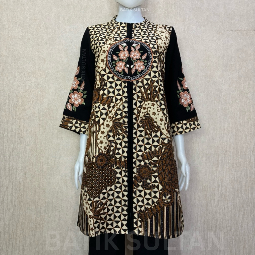 Atasan Tunik Batik Wanita Kain Doby Premium Bordiran Reguler Fit Lapisan Tricot Waffle Mewah Elegan 