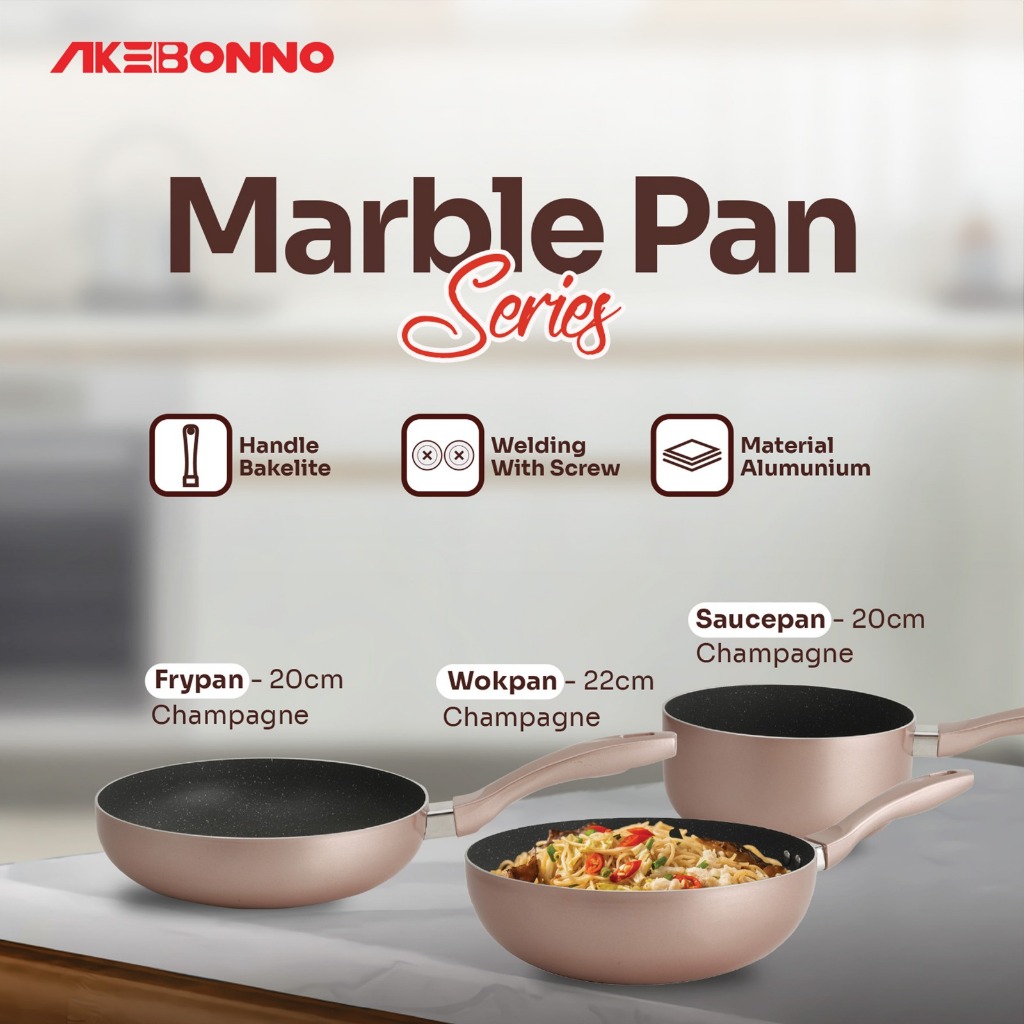 Akebonno | Marble Series Cookware Set 3pcs | Frypan 20cm + Saucepan 20cm + Wokpan 22cm | Non-Stick B