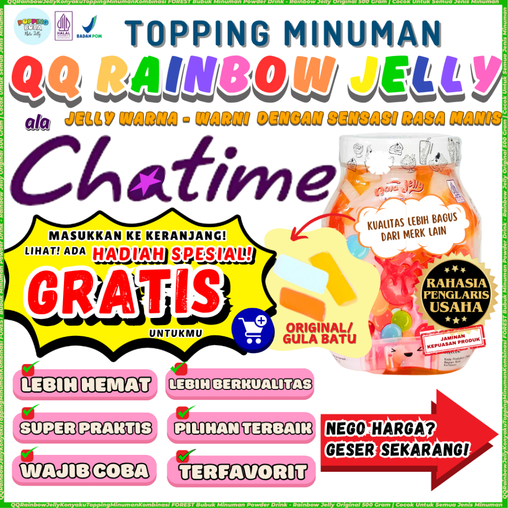 

QQRainbowJellyKonyakuToppingMinumanKombinasi FOREST Bubuk Minuman Powder Drink - Rainbow Jelly Original 500 Gram | Cocok Untuk Semua Jenis Minuman