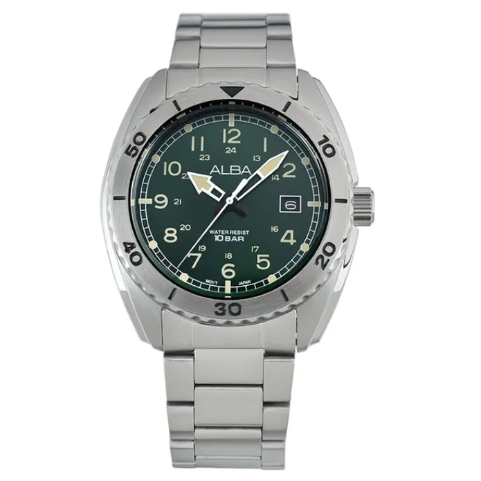 Jam Tangan Pria Alba Sport AS9U71 AS9U71X1 Strap Stainless Steel Silver Color Green Case Black Dial 
