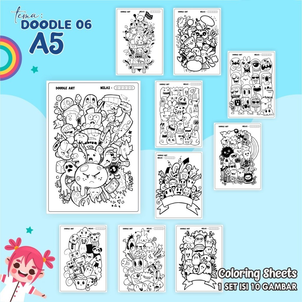 

Kertas Mewarnai A5 Anak Tema Doodle Art 06 Isi 10 Lembar - Coloring Sheet Satuan Tebal Gambar Tajam
