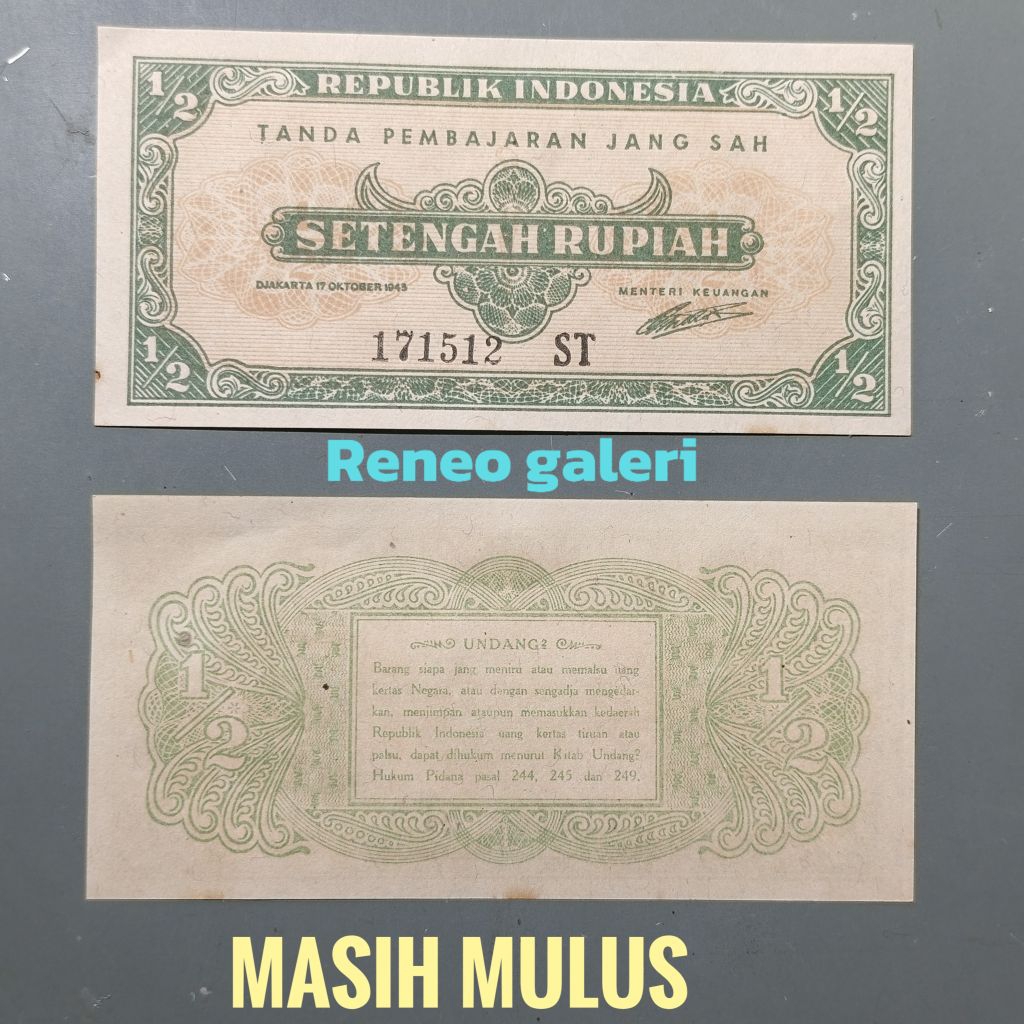 Mulus asli Rp ½ Rupiah Seri ORI tahun 1945 uang kertas pertama Indonesia duit kuno tertua lawas lama