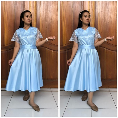 Konveksi/Dress Biru Muda Kombinasi/Satin/Brokat/Tile/mutiara