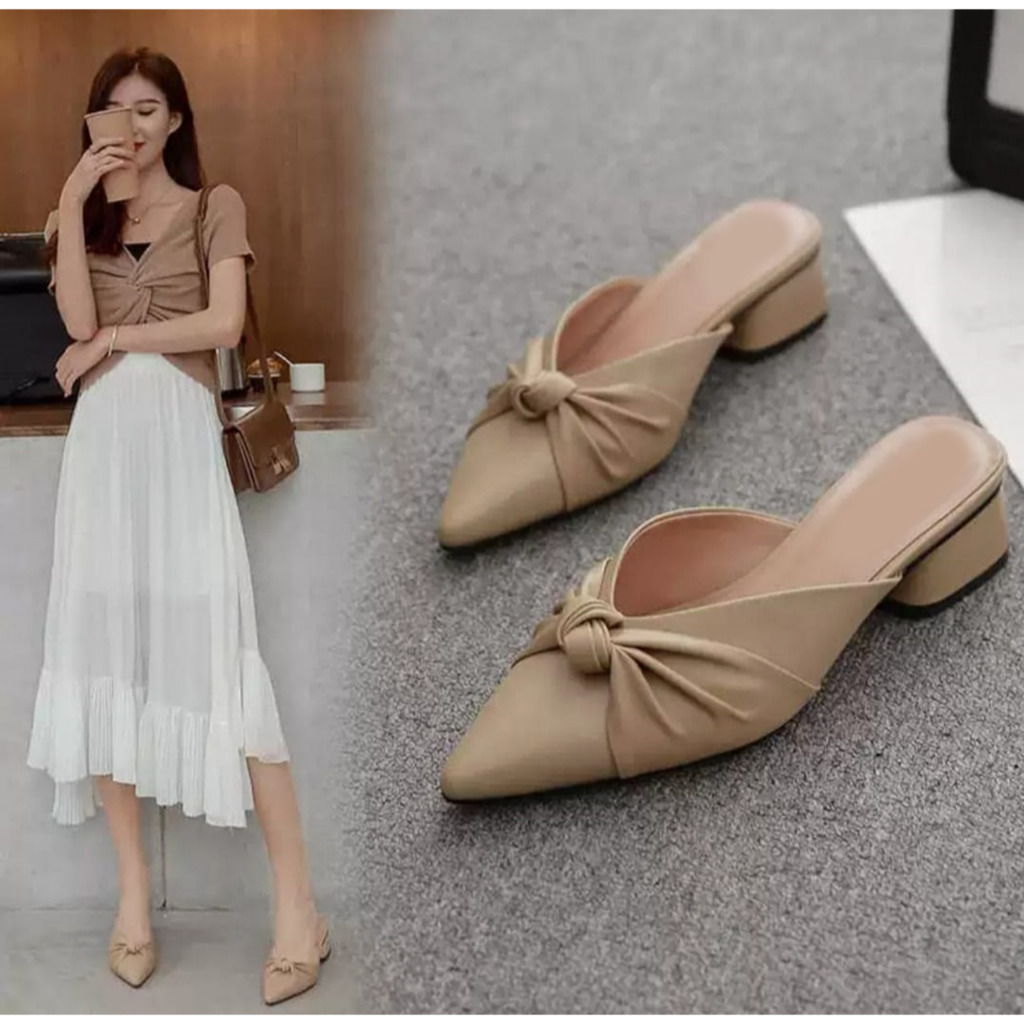 Jejak Flat Mules Wanita Tertutup Cantik Hak 4cm Warna Hitam Cream Moka Size 36-40 (CK564)