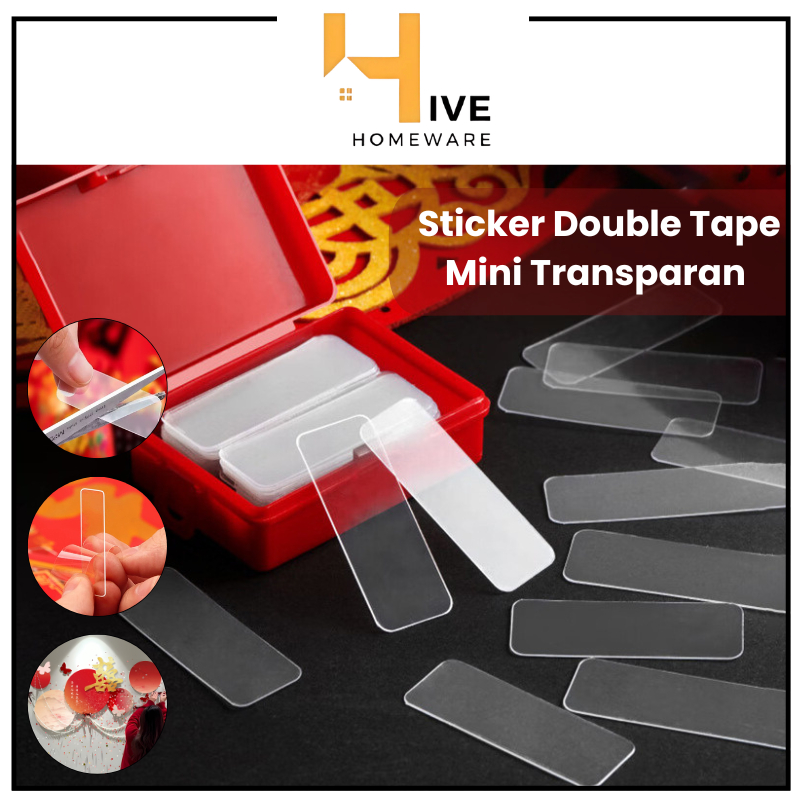 

HIVE Perekat Sticker Double Tape Mini Transapran isi 60 pcs per Box / Nano Tape Bening Anti Air Serbaguna