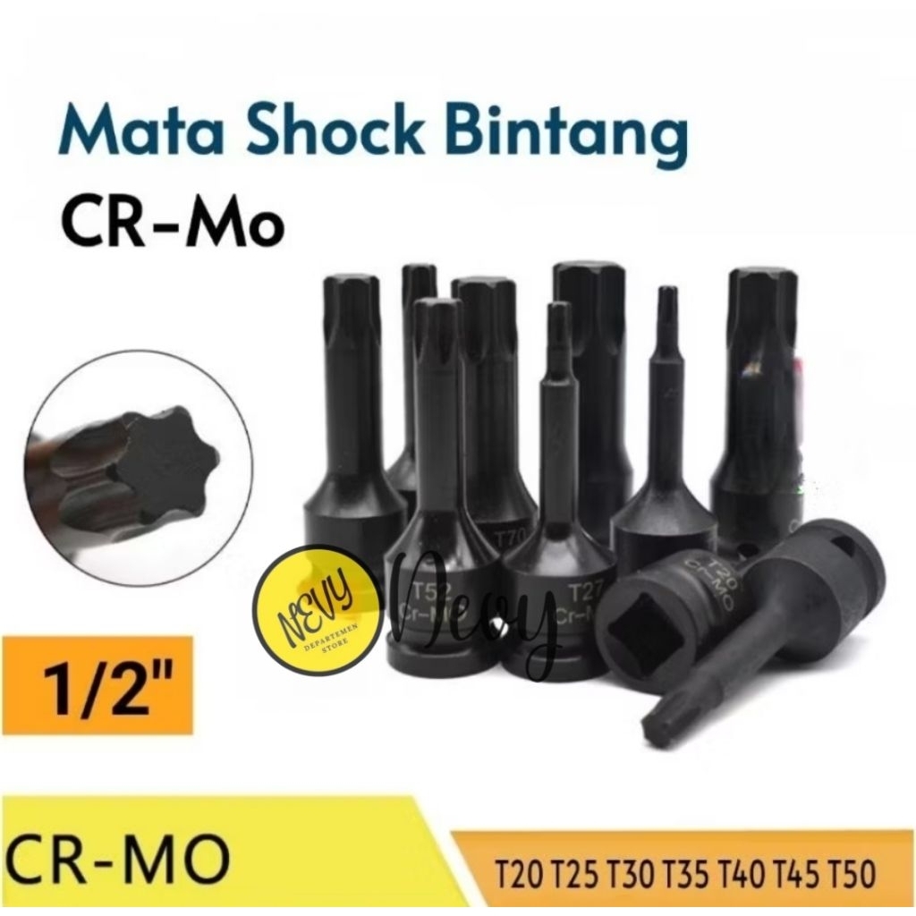 Mata Kunci Shock Bintang CR-Mo 1/2 Star Bit L T20 T25 T27 T30 T35 T40 T45 T50 Torx Key Heavy Duty, S