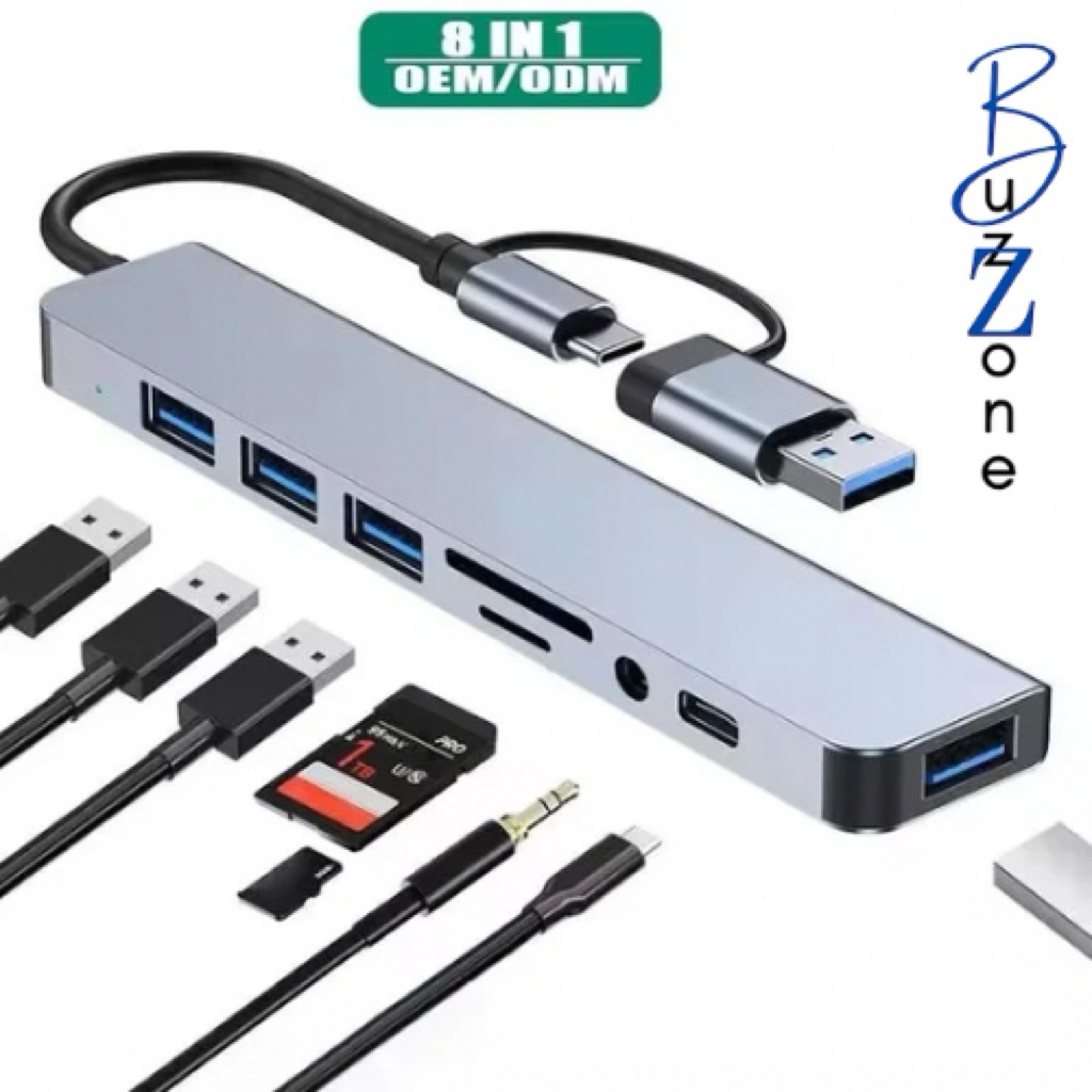 Usb Hub Type-C  8in1 USB 4 Port Hub + SD + TF Card Reader + Type C + Audio 3.5 Tipe C Hub With Card 