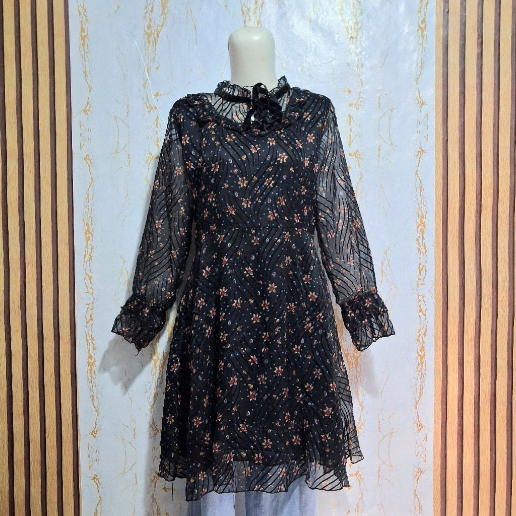 Pakaian wanita Tunik - Midi dress Katun Sifon Polyester Motif Salur Bunga bunga polos lengan panjang