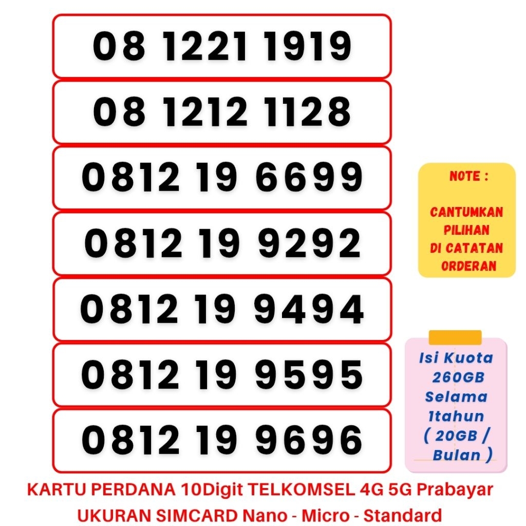NOMOR CANTIK 10Digit SIMPATI TELKOMSEL 4G 5G Bonus KUOTA 260GB (20GB PERBULAN SELAMA 1TAHUN) NOMER S