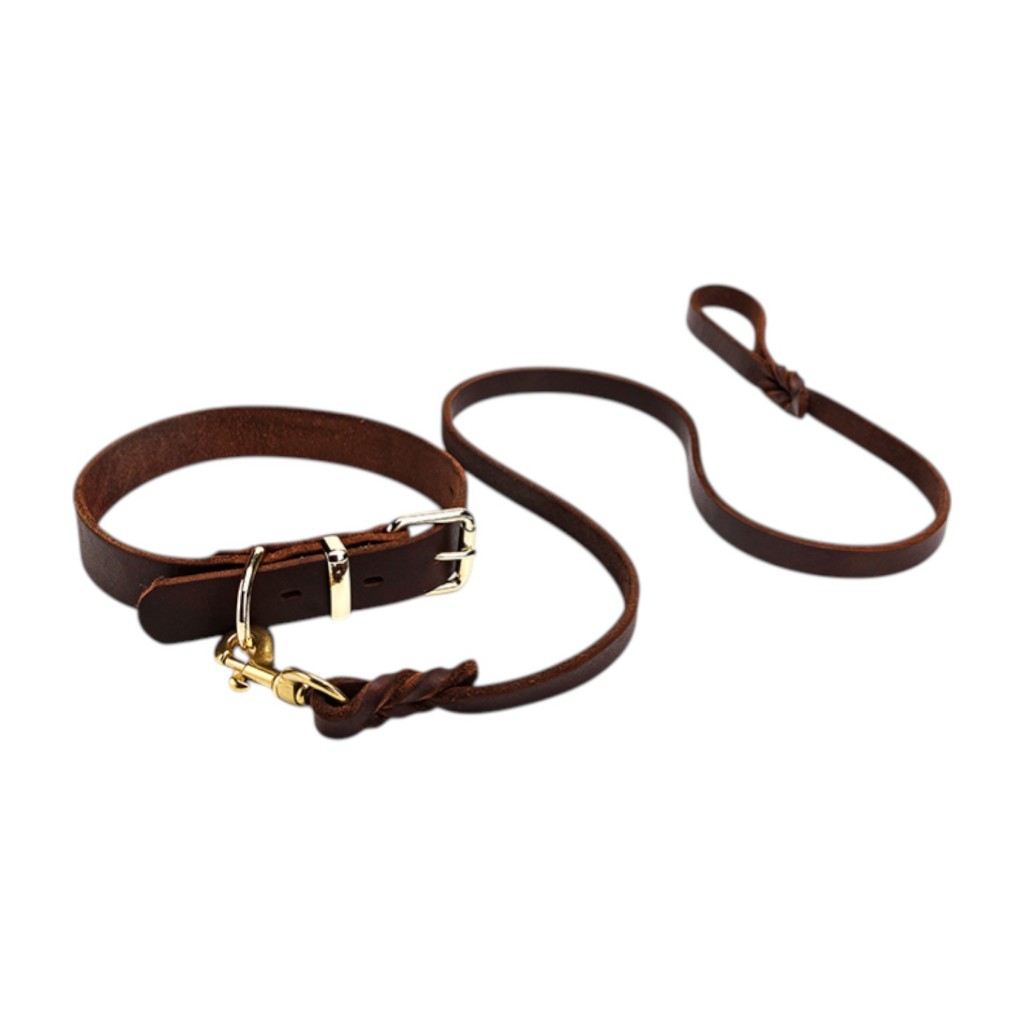Kalung Anjing Kulit Asli + Tali Leash Set Anjing Besar Kecil - Collar Kulit Premium Kuat Anti Tarik