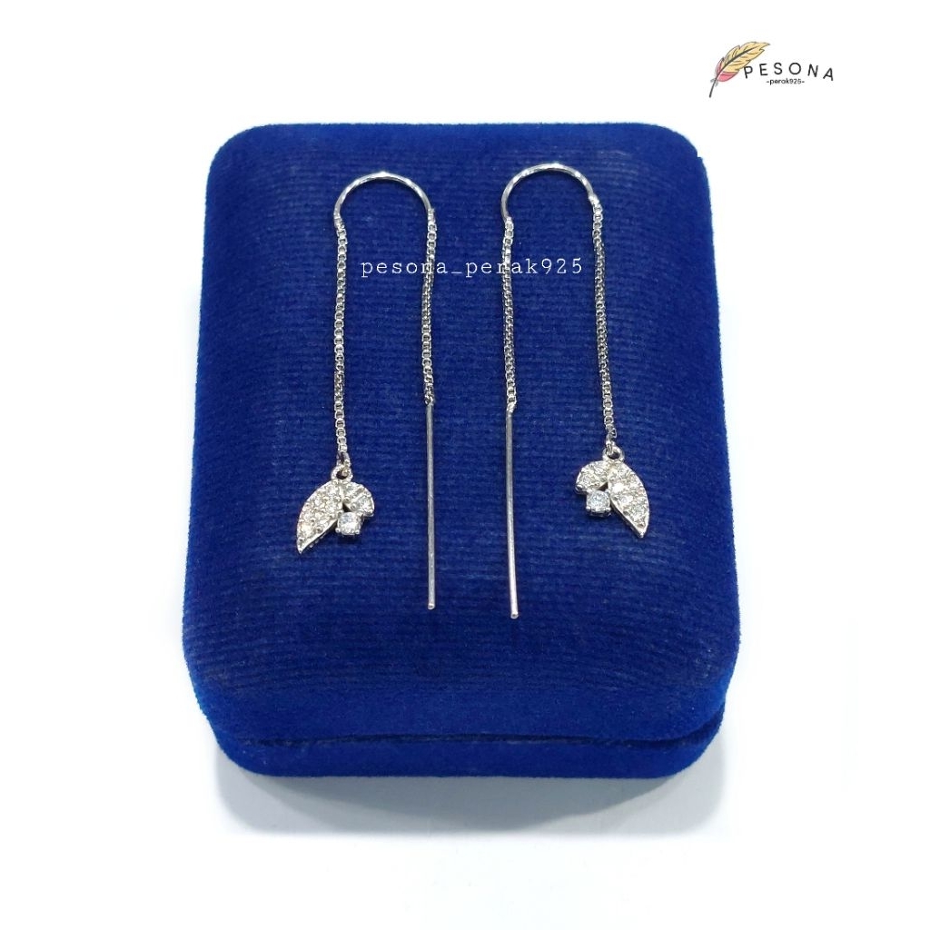 Anting Tusuk Perak Asli Silver 925 Lapis Emas Putih Model Tusuk Panjang Rumbai Daun Permata - Perhia