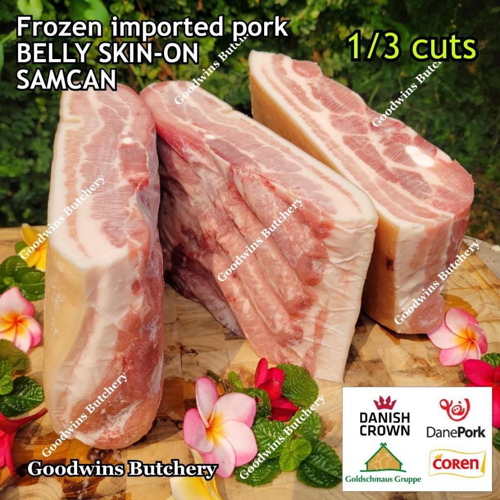 

Pork belly skin on import SMALL ROAST & FRESHLY SLICE TO ORDER 1.5kg Spain Coren Denmark DanishCrown DanePork US Farmland Germany Goldschmaus perut samcan babi dengan kulit beku frozen