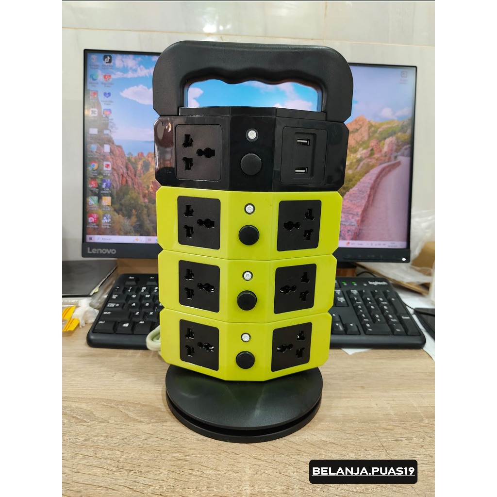 Colokan Listrik With 2 USB Vertical Tower Multi Fungsi 4 Tingkat Power Strip Overload Protector Univ