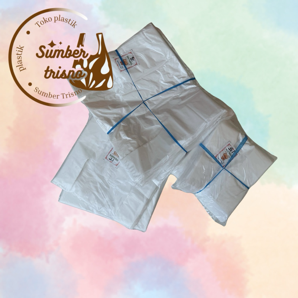 plastik kresek los kiloan warna putih bening merk Beruang Madu