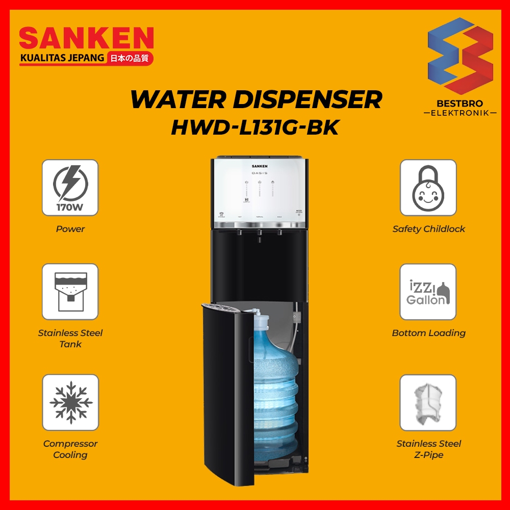 Sanken Dispenser Galon Bawah HWD-L131G-BK Oasis Tempered Glass