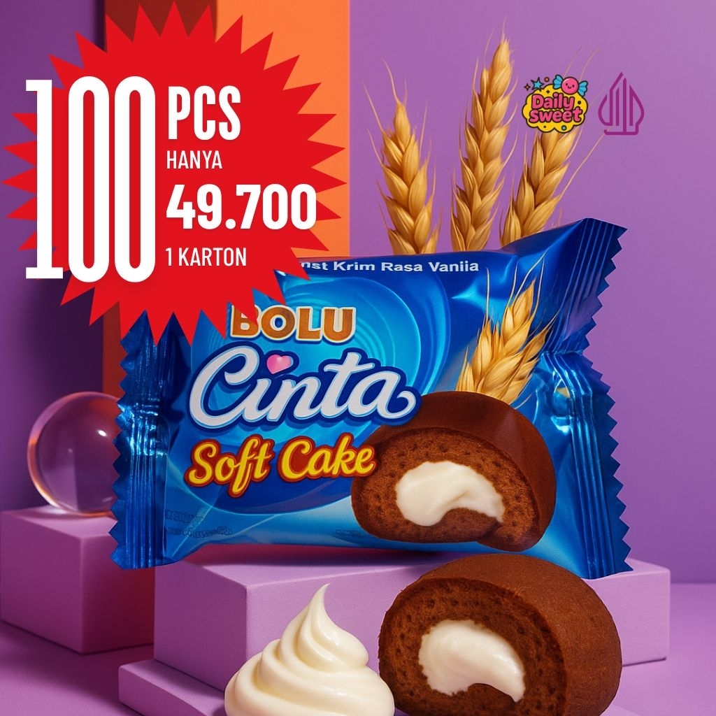 

[DUO] 1 KARTON BOLU CINTA SOFT CAKE (1 KARTON ISI 100 PCS), BOLU VIRAL, RASA VANILA, KRIM VANILA, PADIMAS, BOLU, MANIS, MURAH, CEMILAN ANAK, ISI BANYAK Chocolate Food Makanan Camilan Snack