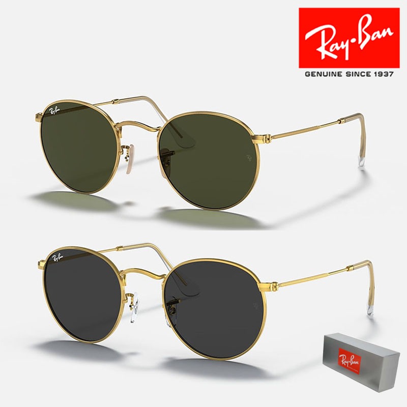 100% Original Kacamata Hitam Ray-Ban Round Metal RB3447 Gold Green Unisex Sunglasses