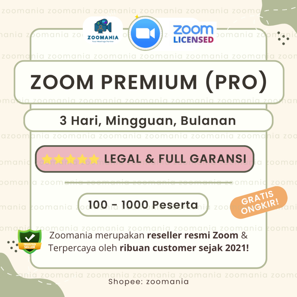 Zoom Premium Pro 3 Hari Mingguan Bulanan 100 300 500 1000 Peserta