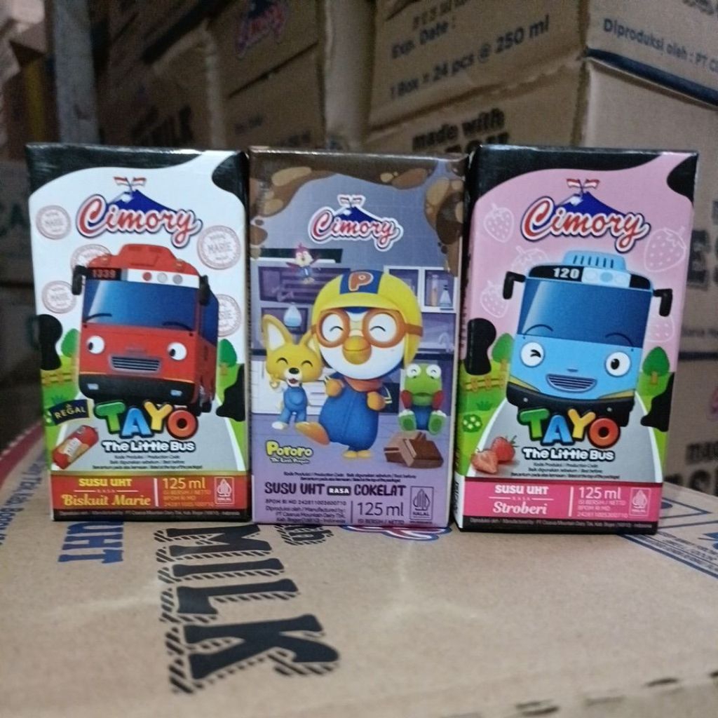 

Susu UHT Cimory Edisi Tayo 125ml 1 karton isi 40pcs Coklat Strawbery Cocomalt marie