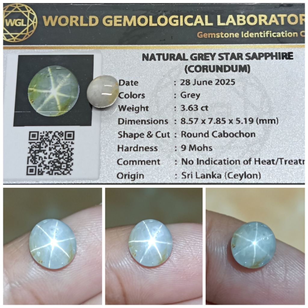 Natural Star Sapphire Ceylon 3,6ct no heat memo WGL Safir Star Tajam