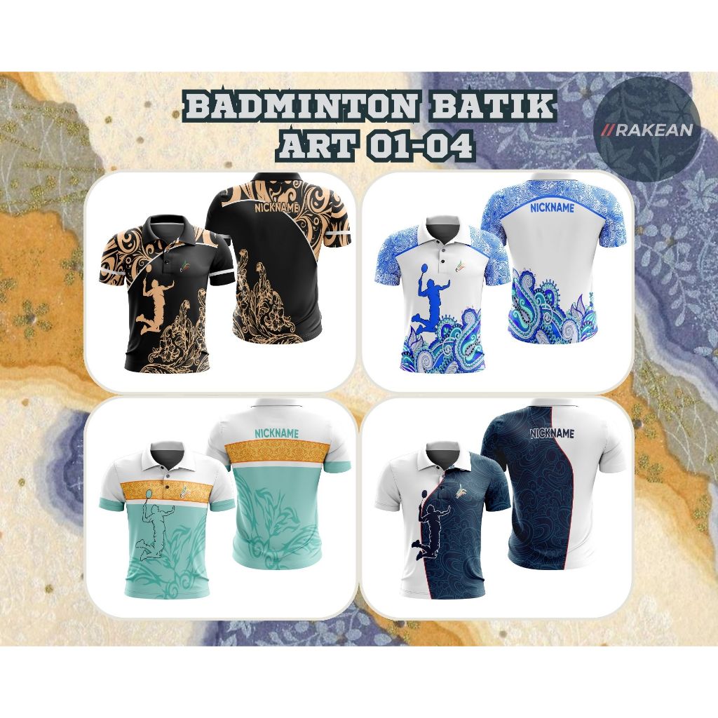 Baju Kaos Tshirt Jersey Polo V-neck Badminton Batik Olahraga Bulutangkis Art 01-04 Full Printing Fre