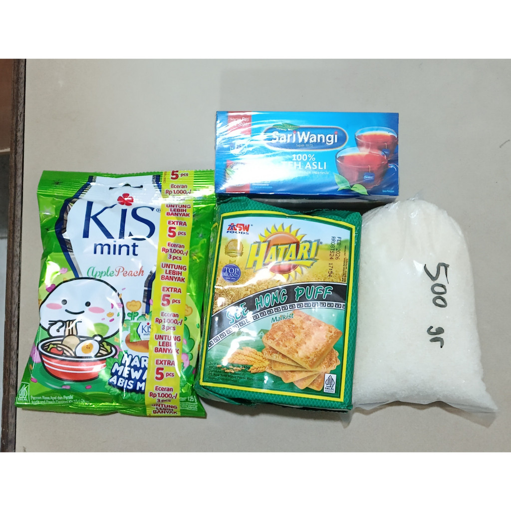 

Paket Cemilan Hemat (Permen Kiss, Gula Pasir, Hatari Kebeng, Sariwangi)