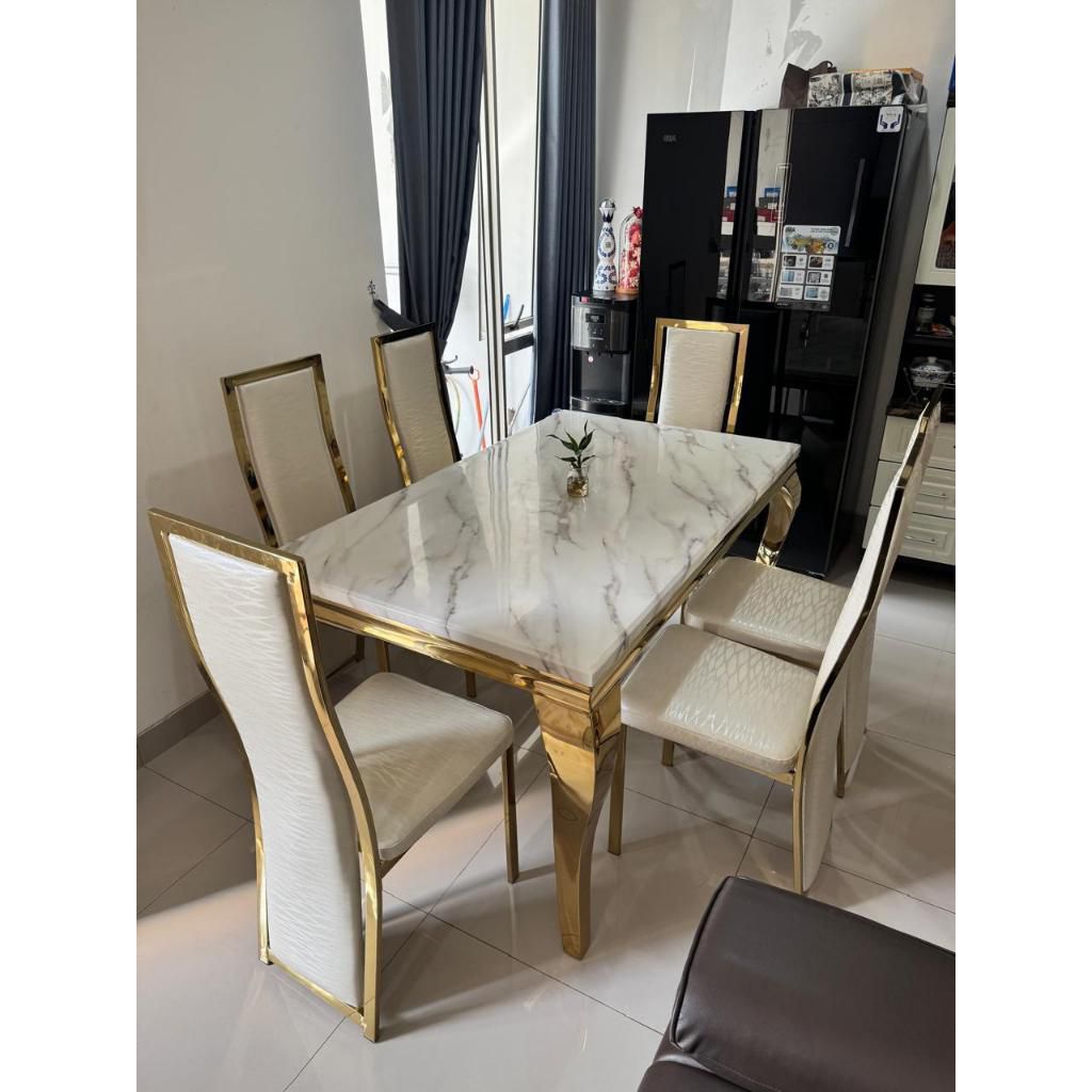 Meja makan marmer 6 Kursi Mewah Meja dapur Marmer