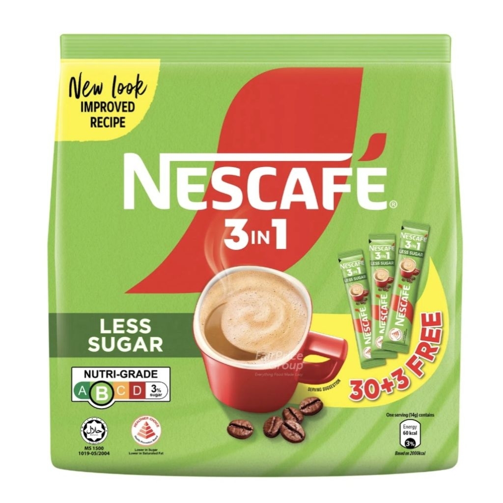 

Nescafe Less Sugar 3 in 1 30 Stik Free 3 Coffee Kopi Kurang Gula Hijau