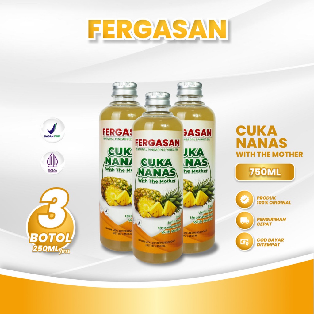 

FERGASAN Cuka Nanas Murni Alami 250 Ml Paket 3 Botol - Cuka Nanas With Mother 100% Original