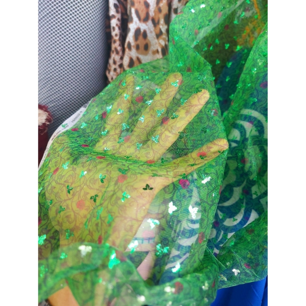 kain organza antik  - kain organza kaca - kain organza premium  - kain organza motif bunga ( hijau )