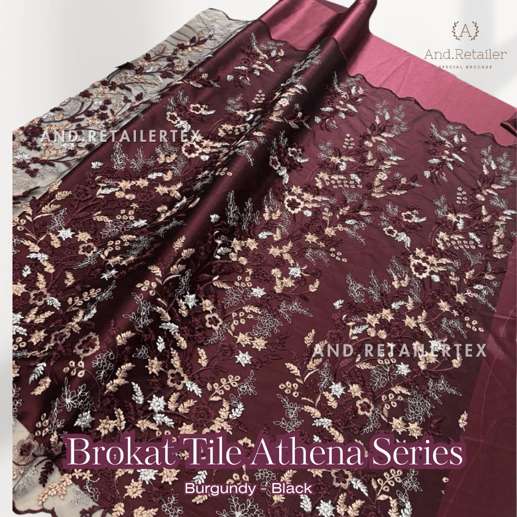Bahan Kain Kebaya Brokat Tile Bordir Athena 2tone Warna Burgundy-Hitam