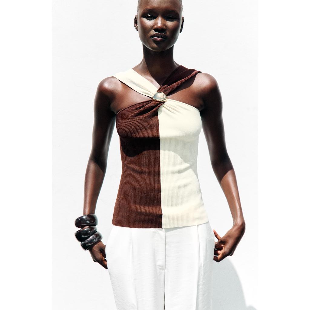 ZARA ATASAN HALTER RAJUTAN Top kerah halter dengan aplikasi keemasan depan