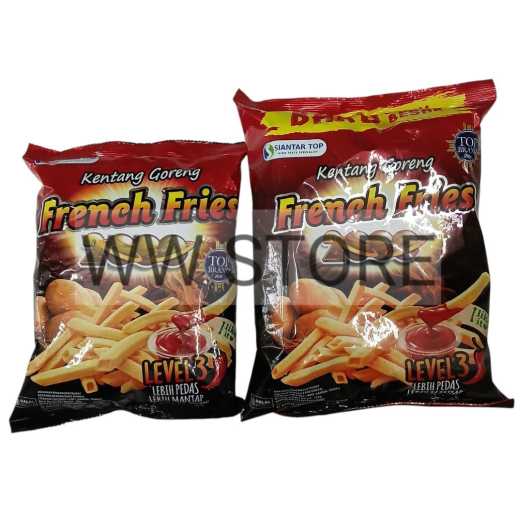 

Cemilan snek makanan ringan ekstrudat kentang dengan saus saos sambal tomat colek halal MUI SIANTAR TOP Kentang Goreng French Fries 2000 PEDAS LEVEL 3 60g 128g