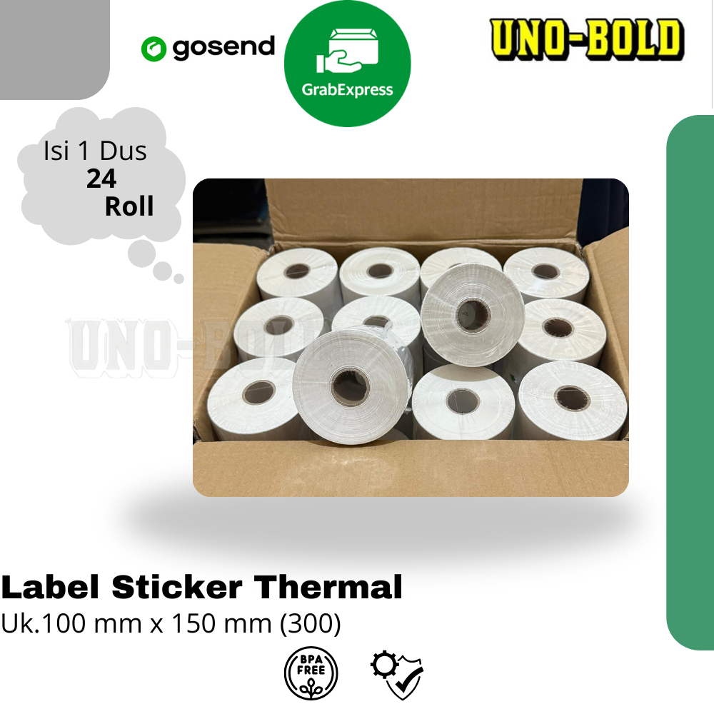 

LABEL STICKER THERMAL & CONTINOUS PAPER THERMAL 100 X 150 mm" isi 300pcs (1dus isi 24 Roll)