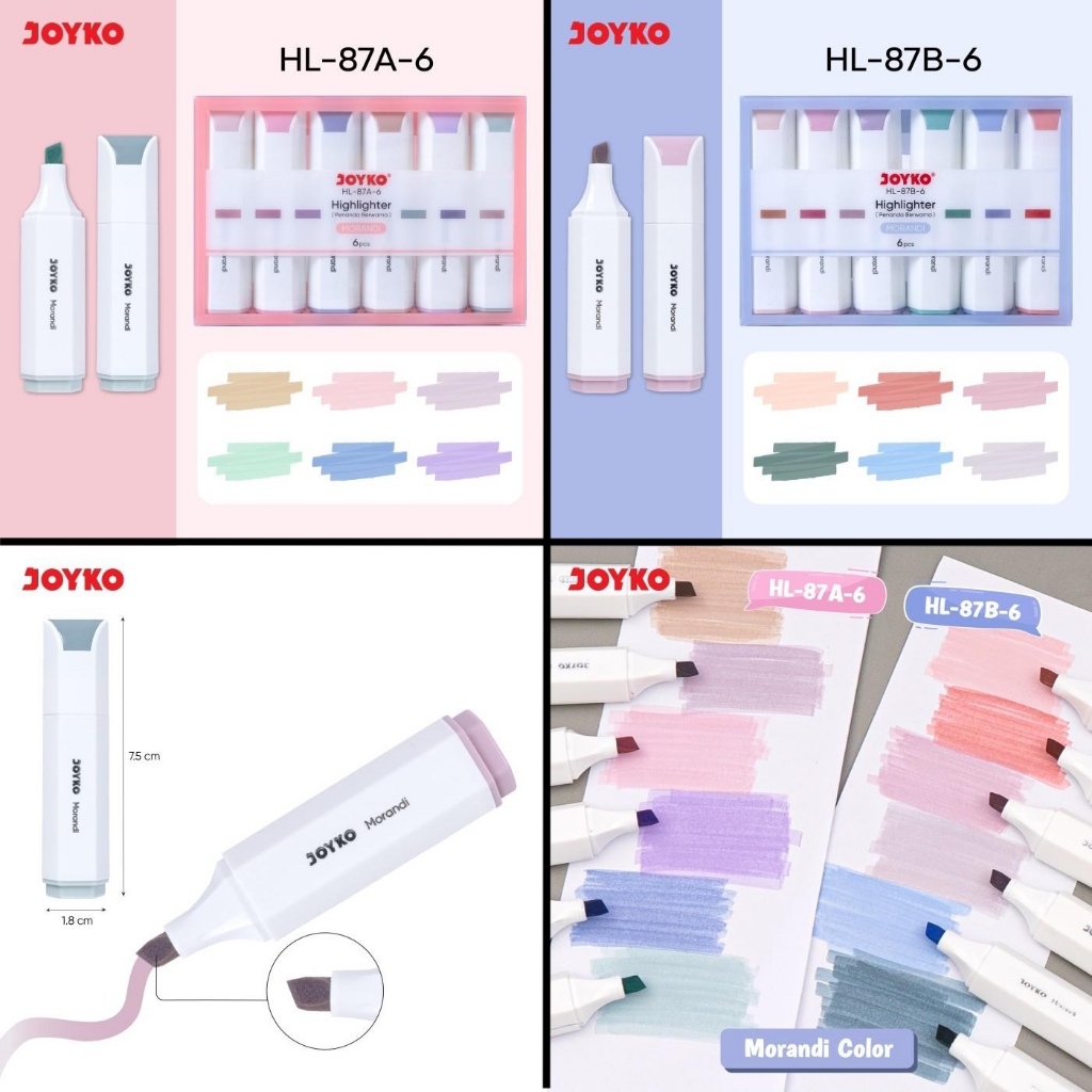 

Highlighter 6 Warna MORANDI Joyko HL-87A HL-87B Color Original (1 SET) / Stabilo Fluorescent Pen Penanda Warna Pena Fluoresen Multicolor Joyko HL 87 A B Per Set
