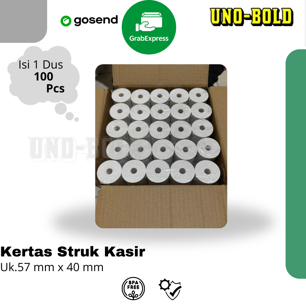 

KERTAS STRUK THERMAL PAPER ROLL 57x40 (1 Dus isi 100 Roll )TERMAL EDC THERMAL PRINTER MINI BLUETOOTH 57MM CORELESS
