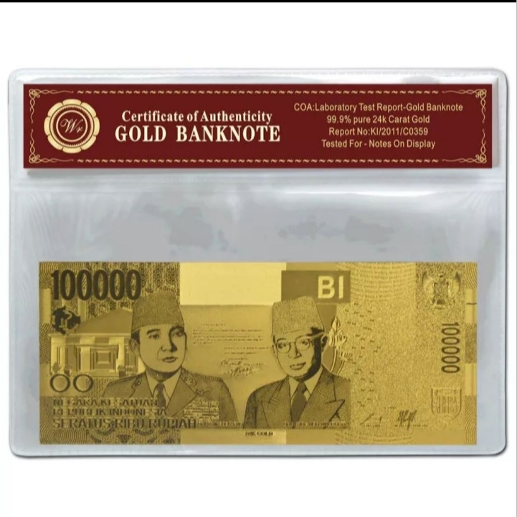 uang souvenir 100000 gold foil + folder
