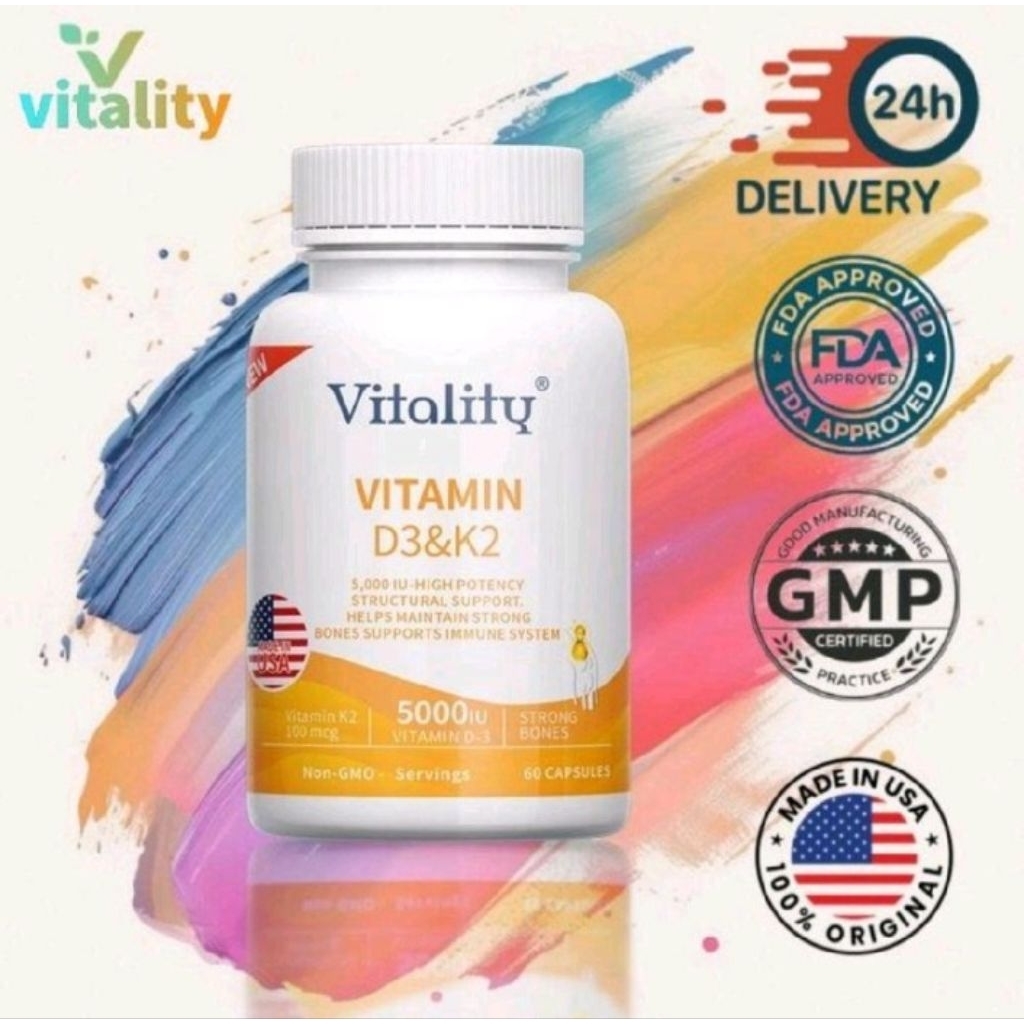 VITALITY USA Vitamin D3 5000IU & K2 100mcg 60 Kapsul Mendukung Kesehatan Tulang dan Imun Tubuh