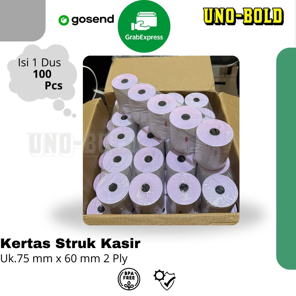 

KERTAS STRUK THERMAL PAPER ROLL 75x60 2 Ply (1 Dus isi 100 Roll )TERMAL EDC THERMAL PRINTER MINI BLUETOOTH 75x60MM