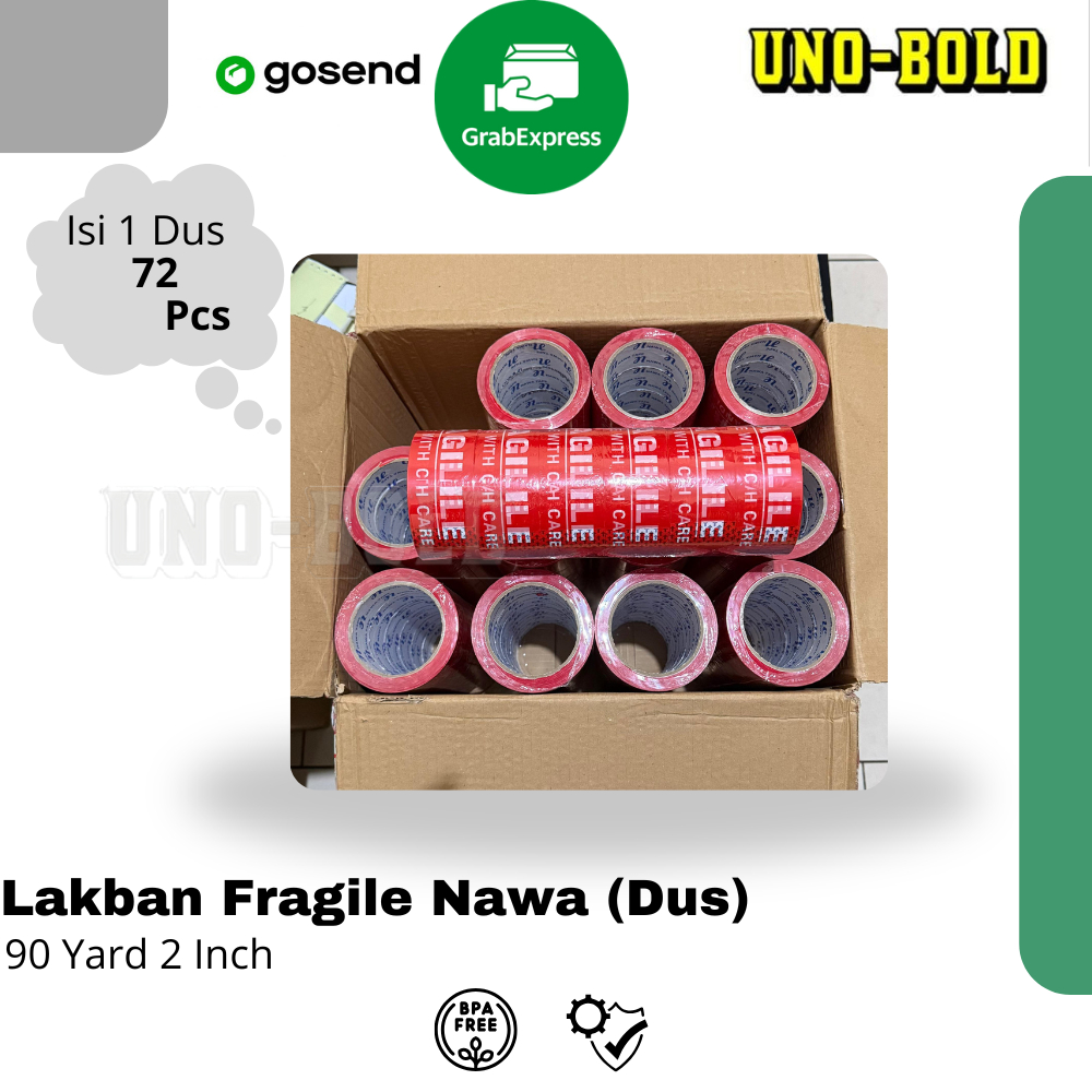 

LAKBAN FRAGILE MERAH 90 YARD X 2 INCH/48MM ( 1 Dus isi 72 Roll ) BAGUS JANGAN DIBANTING (Merek Nawa)