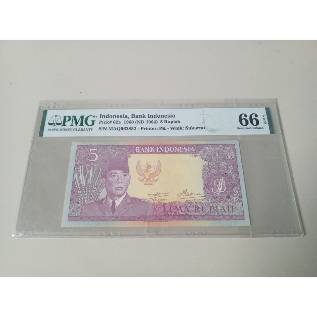 PMG 66 EPQ 5 Rupiah Soekarno thn 1960